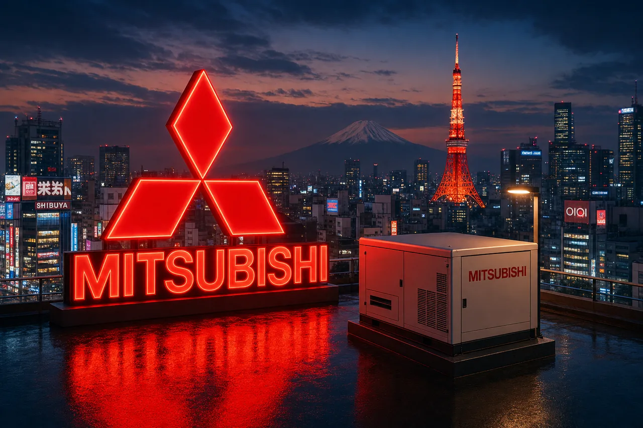 Дизель-генератор и логотип Mitsubishi