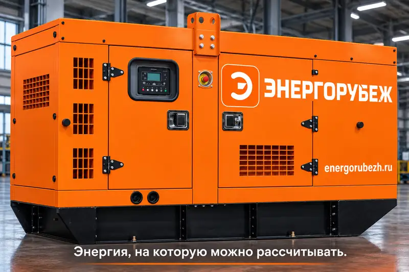 Дизель-генератор в оранжевом шумозащитном кожухе с логотипом Энергорубеж — иллюстративное изображение
